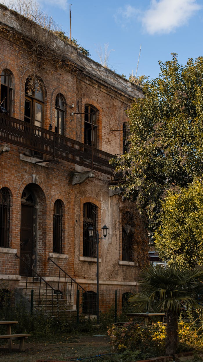 Explore the beauty of an old historic building in İstanbul surrounded by lush autumn foliage.